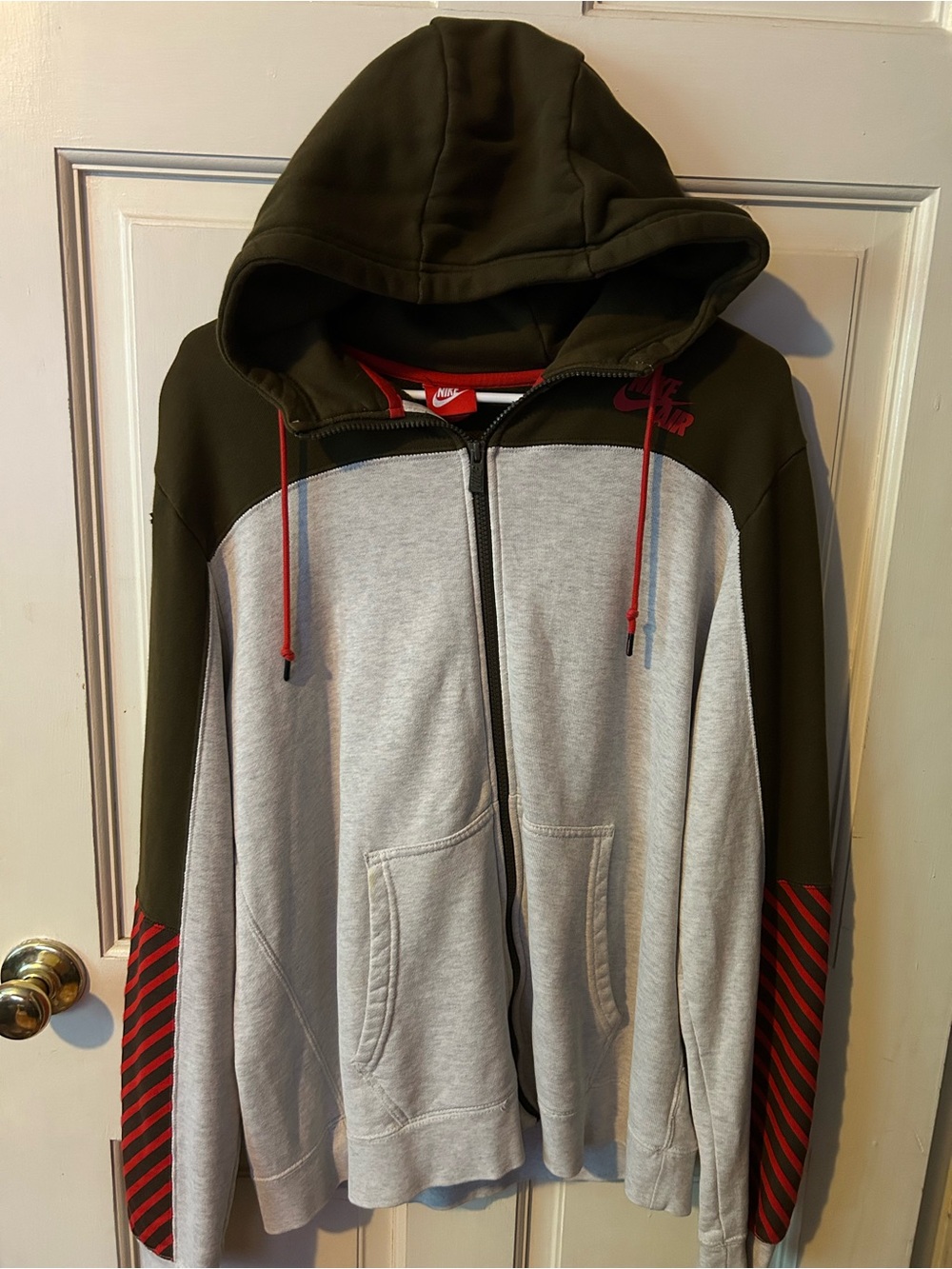 Nike Men’s Hooded Zip Jacket - Olive Green, Light Gray & Red